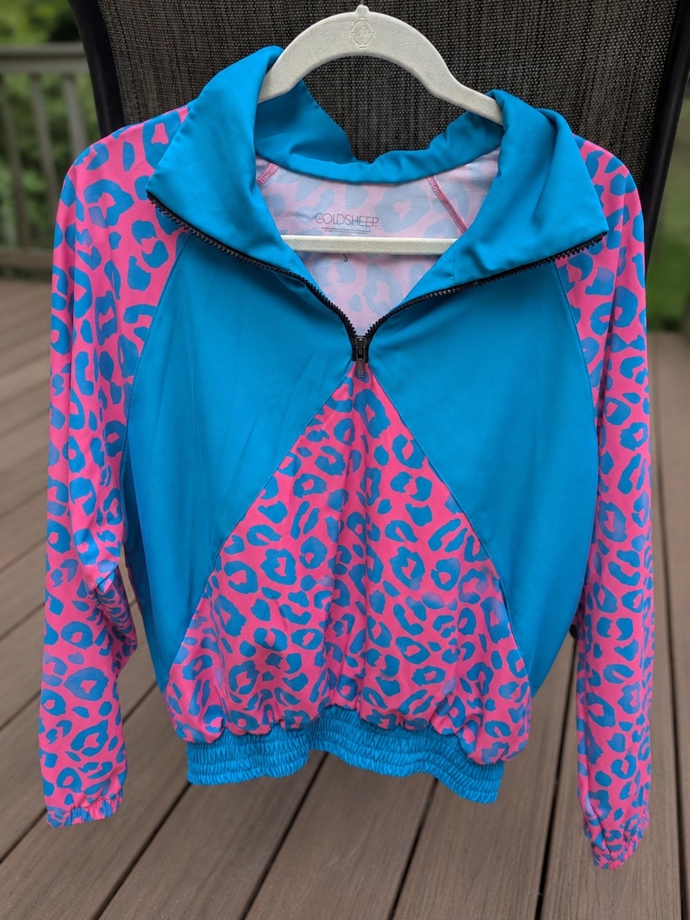 GoldSheep Neon Leopard Quarter Zip Pullover Jacket Retro 80s Pink Blue Size S